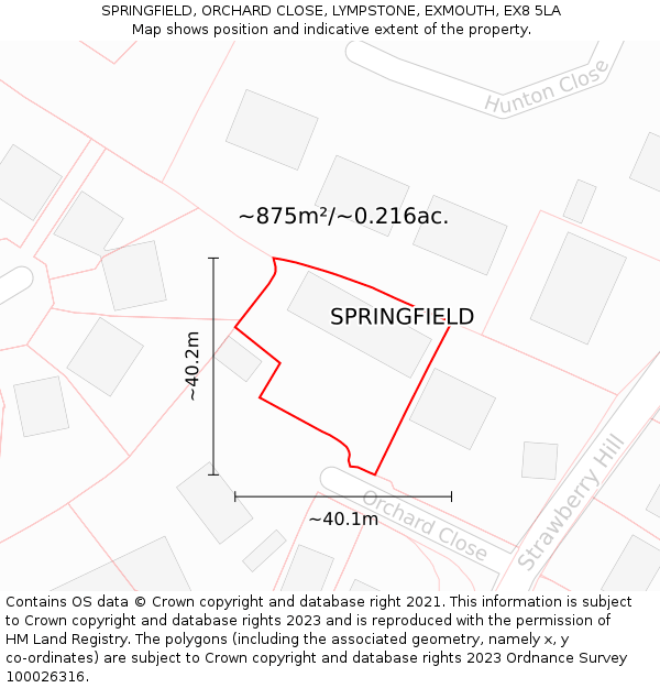 SPRINGFIELD, ORCHARD CLOSE, LYMPSTONE, EXMOUTH, EX8 5LA: Plot and title map