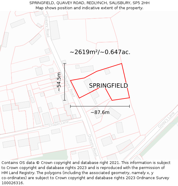SPRINGFIELD, QUAVEY ROAD, REDLYNCH, SALISBURY, SP5 2HH: Plot and title map