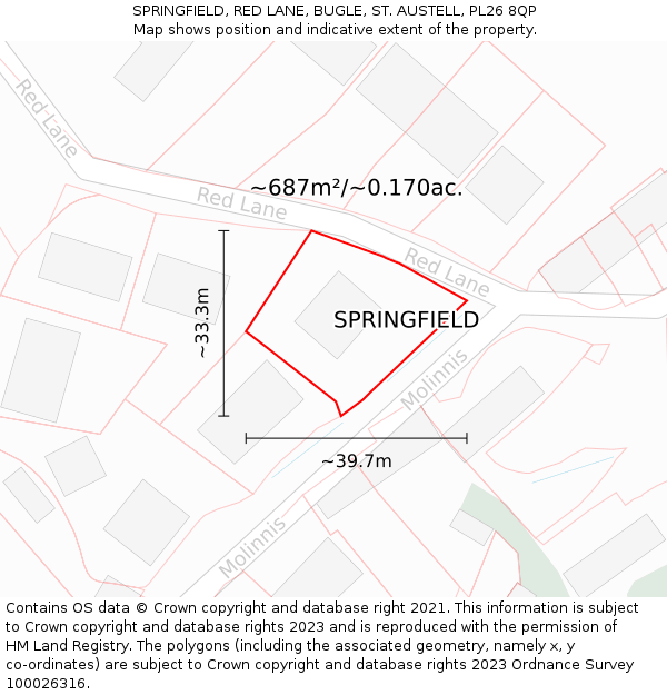 SPRINGFIELD, RED LANE, BUGLE, ST. AUSTELL, PL26 8QP: Plot and title map