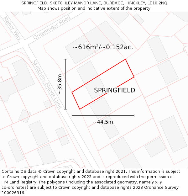 SPRINGFIELD, SKETCHLEY MANOR LANE, BURBAGE, HINCKLEY, LE10 2NQ: Plot and title map