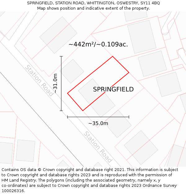 SPRINGFIELD, STATION ROAD, WHITTINGTON, OSWESTRY, SY11 4BQ: Plot and title map