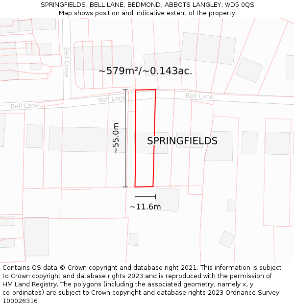 SPRINGFIELDS, BELL LANE, BEDMOND, ABBOTS LANGLEY, WD5 0QS: Plot and title map