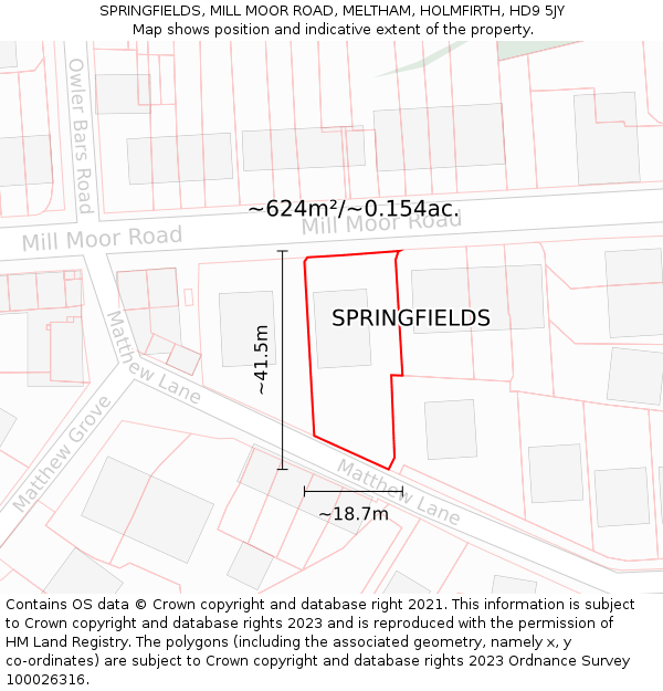 SPRINGFIELDS, MILL MOOR ROAD, MELTHAM, HOLMFIRTH, HD9 5JY: Plot and title map