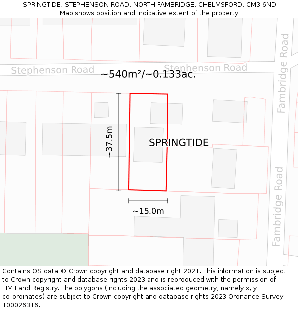 SPRINGTIDE, STEPHENSON ROAD, NORTH FAMBRIDGE, CHELMSFORD, CM3 6ND: Plot and title map