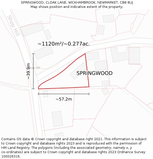 SPRINGWOOD, CLOAK LANE, WICKHAMBROOK, NEWMARKET, CB8 8UJ: Plot and title map