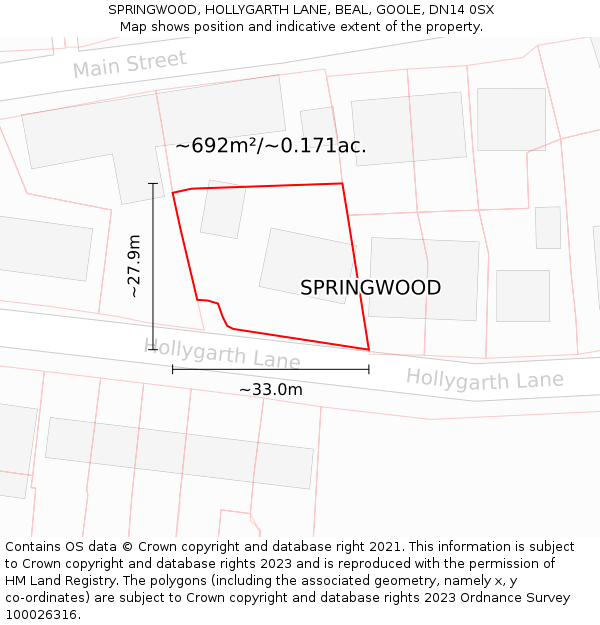 SPRINGWOOD, HOLLYGARTH LANE, BEAL, GOOLE, DN14 0SX: Plot and title map