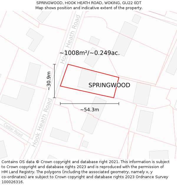 SPRINGWOOD, HOOK HEATH ROAD, WOKING, GU22 0DT: Plot and title map