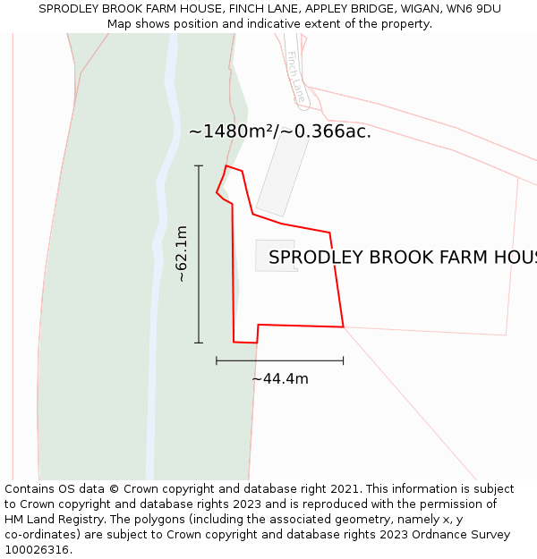 SPRODLEY BROOK FARM HOUSE, FINCH LANE, APPLEY BRIDGE, WIGAN, WN6 9DU: Plot and title map