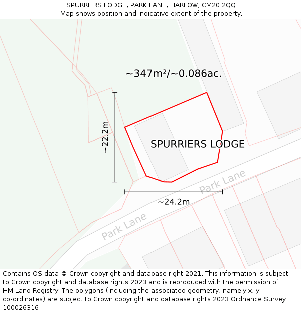 SPURRIERS LODGE, PARK LANE, HARLOW, CM20 2QQ: Plot and title map