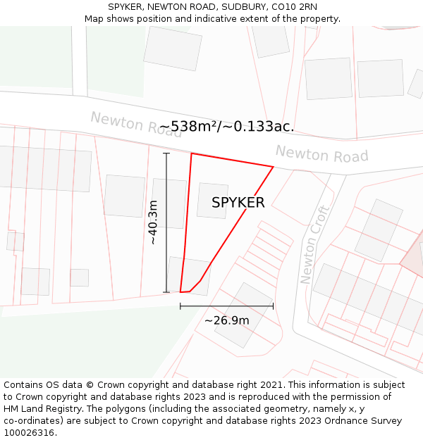 SPYKER, NEWTON ROAD, SUDBURY, CO10 2RN: Plot and title map