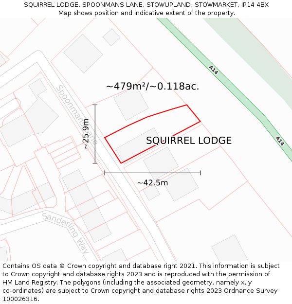 SQUIRREL LODGE, SPOONMANS LANE, STOWUPLAND, STOWMARKET, IP14 4BX: Plot and title map