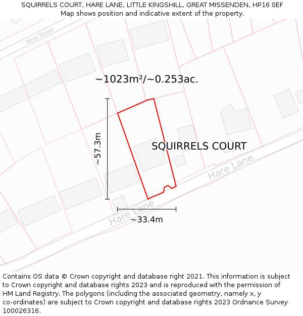 SQUIRRELS COURT, HARE LANE, LITTLE KINGSHILL, GREAT MISSENDEN, HP16 0EF: Plot and title map