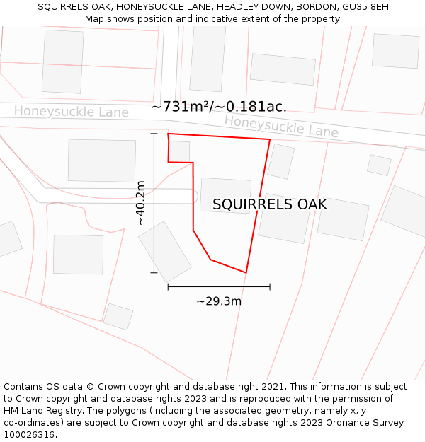 SQUIRRELS OAK, HONEYSUCKLE LANE, HEADLEY DOWN, BORDON, GU35 8EH: Plot and title map