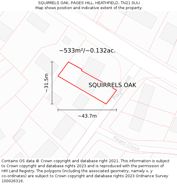 SQUIRRELS OAK, PAGES HILL, HEATHFIELD, TN21 0UU: Plot and title map