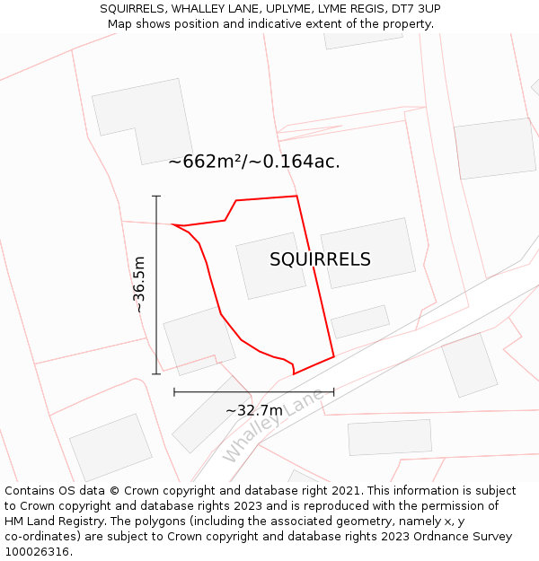 SQUIRRELS, WHALLEY LANE, UPLYME, LYME REGIS, DT7 3UP: Plot and title map