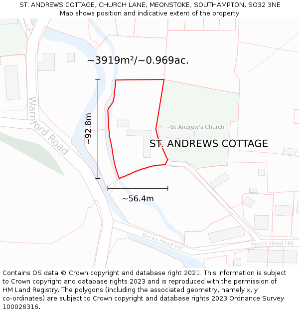 ST. ANDREWS COTTAGE, CHURCH LANE, MEONSTOKE, SOUTHAMPTON, SO32 3NE: Plot and title map