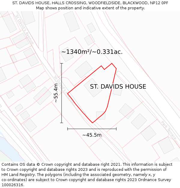 ST. DAVIDS HOUSE, HALLS CROSSING, WOODFIELDSIDE, BLACKWOOD, NP12 0PF: Plot and title map