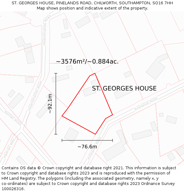 ST. GEORGES HOUSE, PINELANDS ROAD, CHILWORTH, SOUTHAMPTON, SO16 7HH: Plot and title map