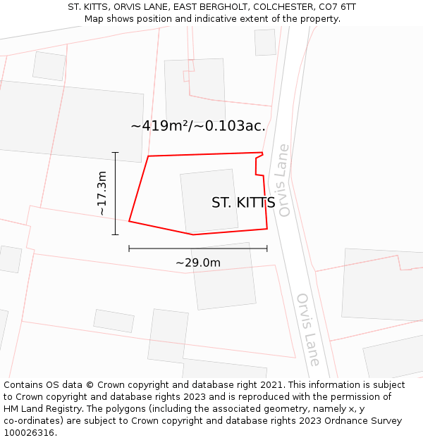 ST. KITTS, ORVIS LANE, EAST BERGHOLT, COLCHESTER, CO7 6TT: Plot and title map