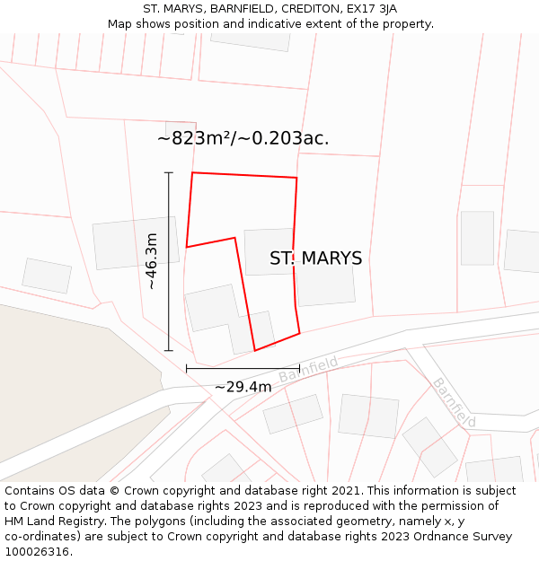 ST. MARYS, BARNFIELD, CREDITON, EX17 3JA: Plot and title map