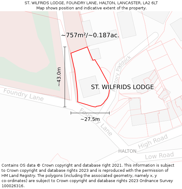 ST. WILFRIDS LODGE, FOUNDRY LANE, HALTON, LANCASTER, LA2 6LT: Plot and title map