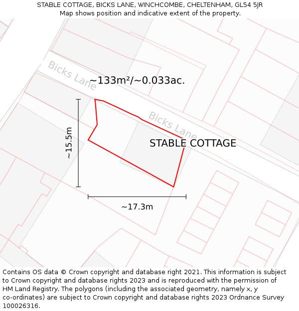 STABLE COTTAGE, BICKS LANE, WINCHCOMBE, CHELTENHAM, GL54 5JR: Plot and title map