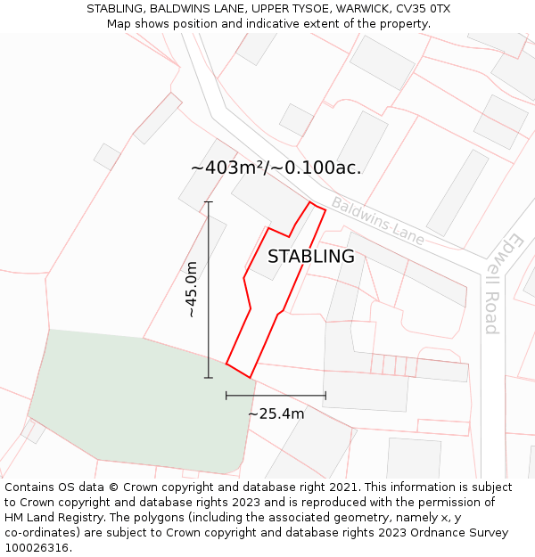 STABLING, BALDWINS LANE, UPPER TYSOE, WARWICK, CV35 0TX: Plot and title map