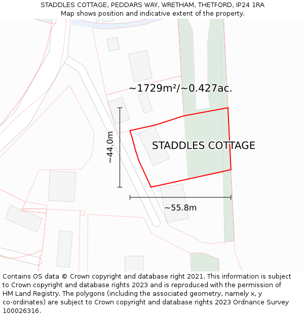 STADDLES COTTAGE, PEDDARS WAY, WRETHAM, THETFORD, IP24 1RA: Plot and title map