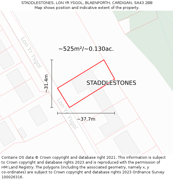 STADDLESTONES, LON YR YSGOL, BLAENPORTH, CARDIGAN, SA43 2BB: Plot and title map