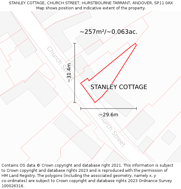 STANLEY COTTAGE, CHURCH STREET, HURSTBOURNE TARRANT, ANDOVER, SP11 0AX: Plot and title map