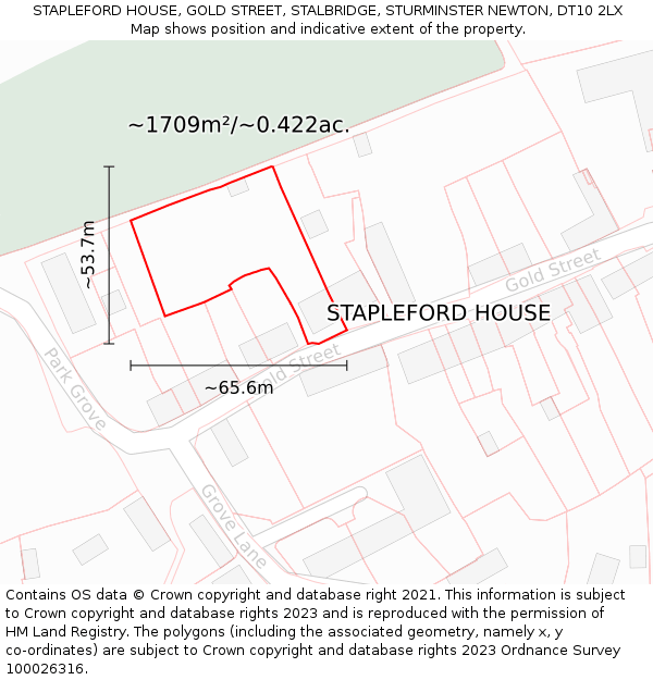 STAPLEFORD HOUSE, GOLD STREET, STALBRIDGE, STURMINSTER NEWTON, DT10 2LX: Plot and title map