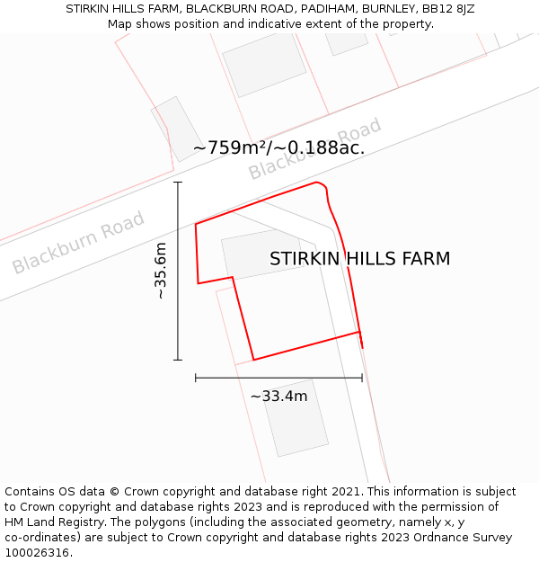 STIRKIN HILLS FARM, BLACKBURN ROAD, PADIHAM, BURNLEY, BB12 8JZ: Plot and title map