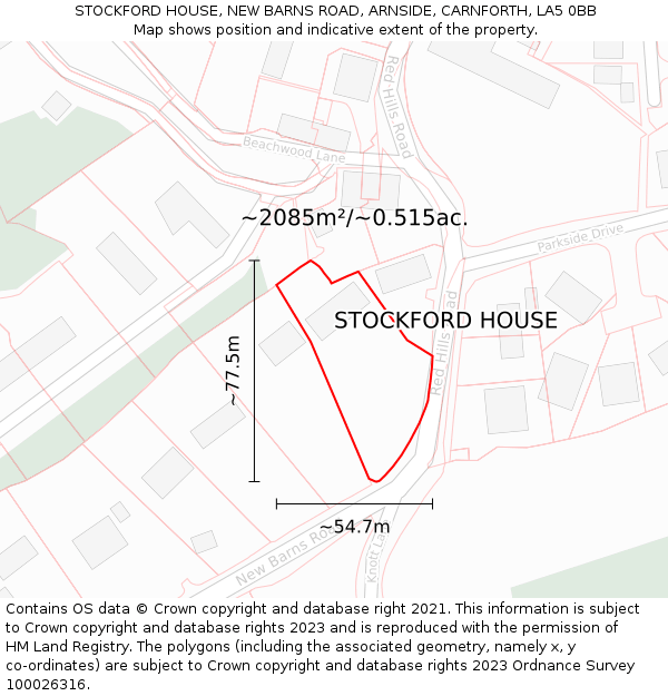 STOCKFORD HOUSE, NEW BARNS ROAD, ARNSIDE, CARNFORTH, LA5 0BB: Plot and title map