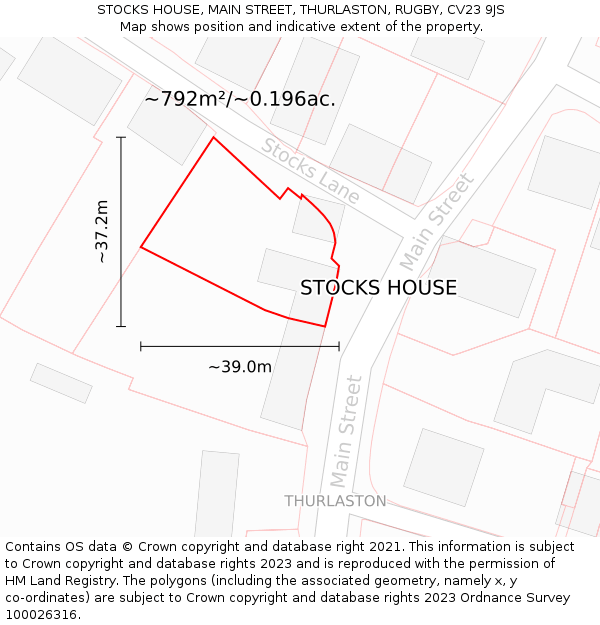 STOCKS HOUSE, MAIN STREET, THURLASTON, RUGBY, CV23 9JS: Plot and title map