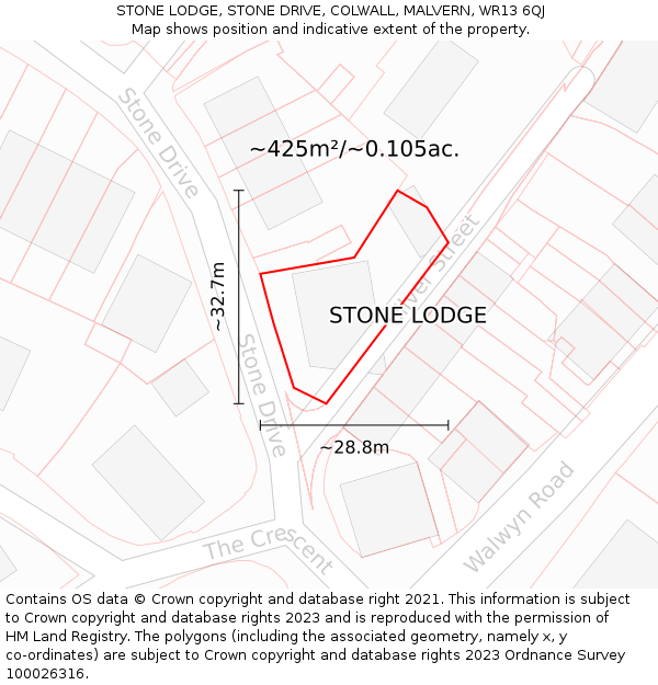 STONE LODGE, STONE DRIVE, COLWALL, MALVERN, WR13 6QJ: Plot and title map