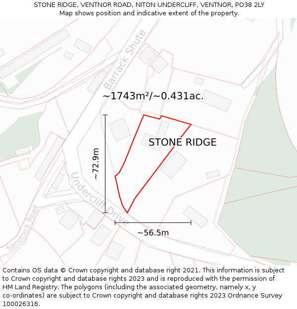 STONE RIDGE, VENTNOR ROAD, NITON UNDERCLIFF, VENTNOR, PO38 2LY: Plot and title map