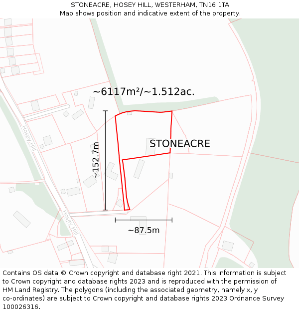 STONEACRE, HOSEY HILL, WESTERHAM, TN16 1TA: Plot and title map