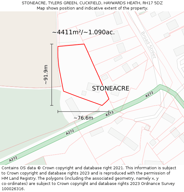 STONEACRE, TYLERS GREEN, CUCKFIELD, HAYWARDS HEATH, RH17 5DZ: Plot and title map