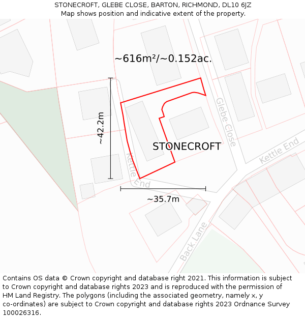 STONECROFT, GLEBE CLOSE, BARTON, RICHMOND, DL10 6JZ: Plot and title map