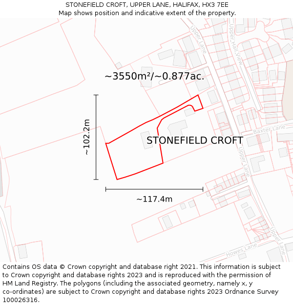 STONEFIELD CROFT, UPPER LANE, HALIFAX, HX3 7EE: Plot and title map