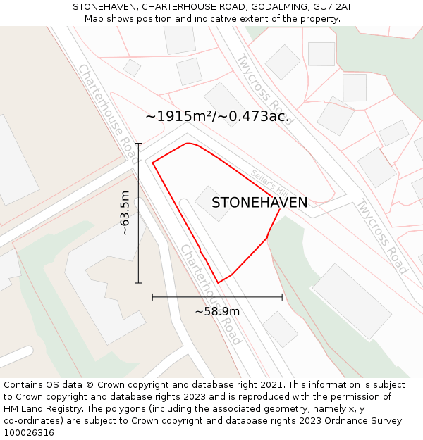 STONEHAVEN, CHARTERHOUSE ROAD, GODALMING, GU7 2AT: Plot and title map