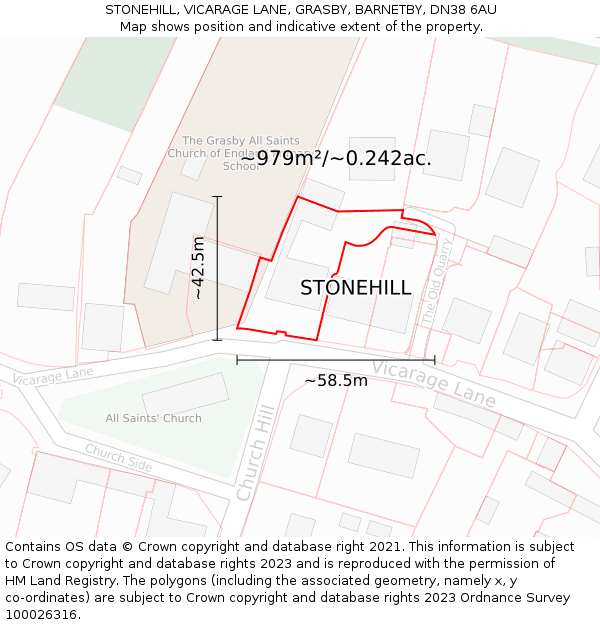 STONEHILL, VICARAGE LANE, GRASBY, BARNETBY, DN38 6AU: Plot and title map