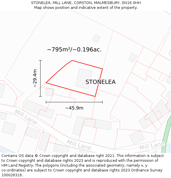 STONELEA, MILL LANE, CORSTON, MALMESBURY, SN16 0HH: Plot and title map