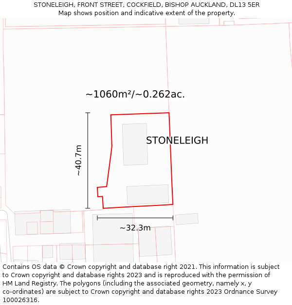 STONELEIGH, FRONT STREET, COCKFIELD, BISHOP AUCKLAND, DL13 5ER: Plot and title map