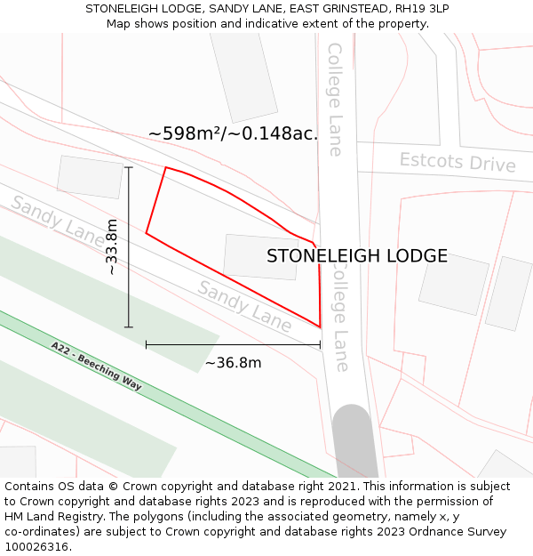 STONELEIGH LODGE, SANDY LANE, EAST GRINSTEAD, RH19 3LP: Plot and title map