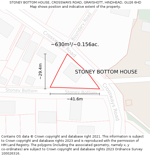 STONEY BOTTOM HOUSE, CROSSWAYS ROAD, GRAYSHOTT, HINDHEAD, GU26 6HD: Plot and title map