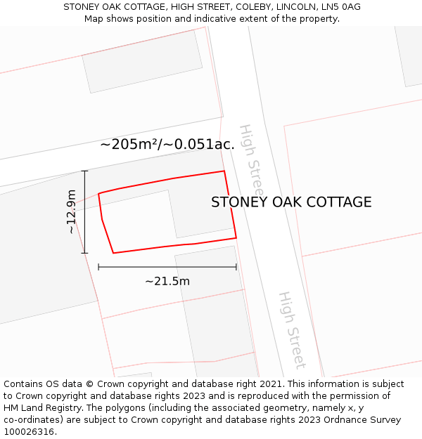 STONEY OAK COTTAGE, HIGH STREET, COLEBY, LINCOLN, LN5 0AG: Plot and title map