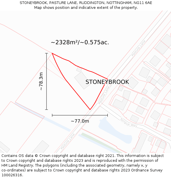 STONEYBROOK, PASTURE LANE, RUDDINGTON, NOTTINGHAM, NG11 6AE: Plot and title map