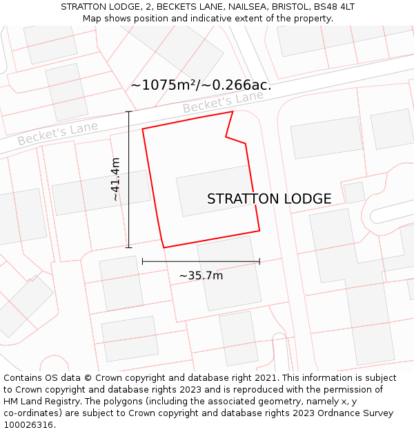 STRATTON LODGE, 2, BECKETS LANE, NAILSEA, BRISTOL, BS48 4LT: Plot and title map