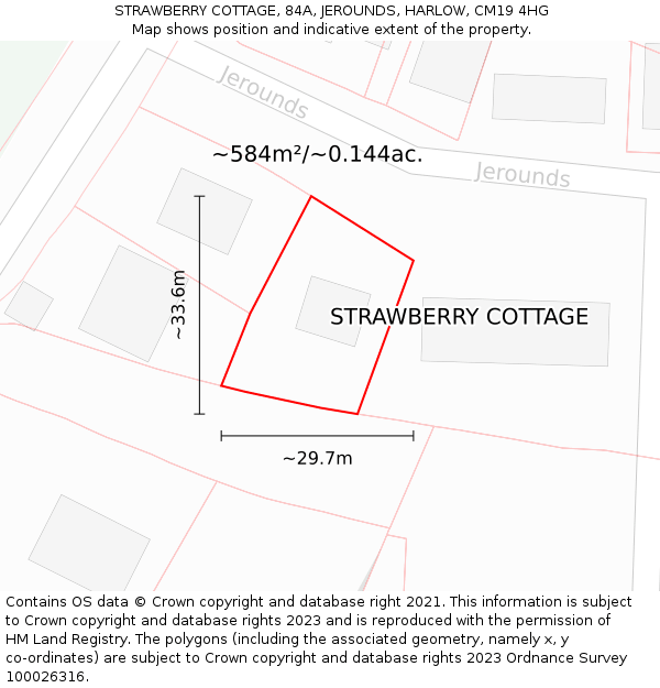 STRAWBERRY COTTAGE, 84A, JEROUNDS, HARLOW, CM19 4HG: Plot and title map